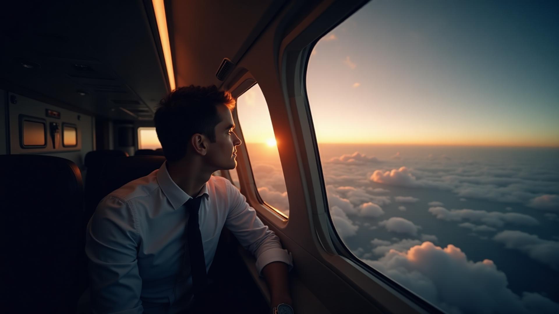 Pilot looking out side window during peaceful cruise with sunset clouds below