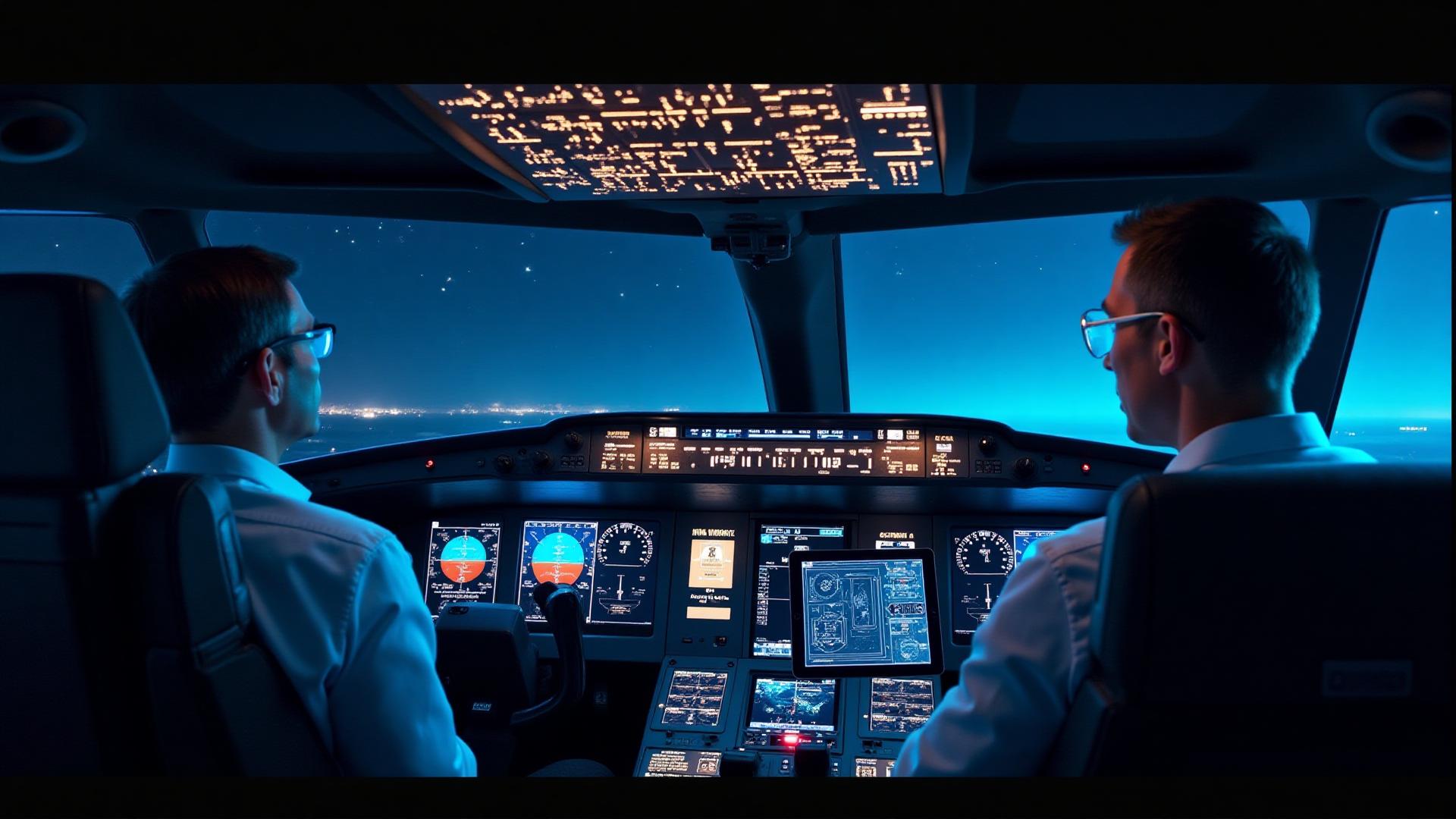 Split-light cockpit with blue instrument glow and tablet showing system diagram